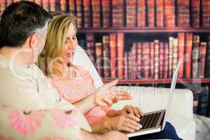 Happy couple sitting on a sofa in a reading room watching a lapt