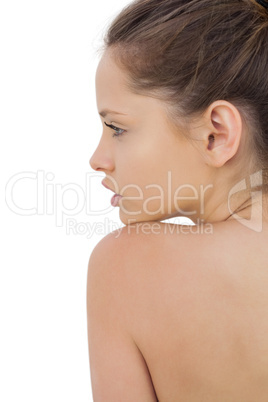 Pensive brunette model posing head on her shoulder