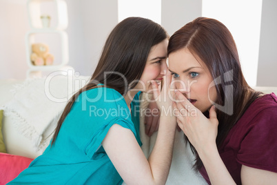 Brunette telling her surprised friend a secret