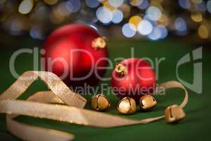 Red Christmas baubles & gold jingle bell