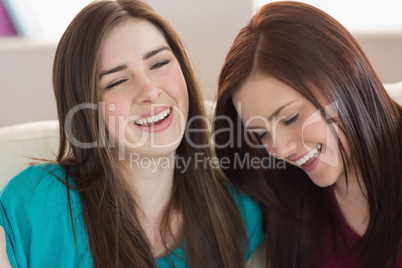 Two laughing friends sitting on the couch Two laughing friends sitting on the couch