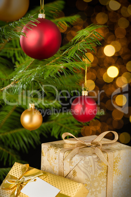 Christmas decoration tree, baubles and gifts