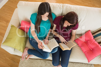 Two friends reading books on the couch