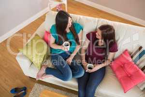 Two happy friends drinking coffee and chatting on the couch