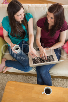 Two friends having coffee on the couch and using laptop