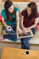 Two friends having coffee on the couch and using laptop