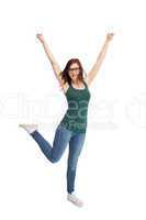 Happy young woman with glasses gesturing