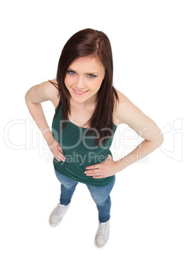 High angle view of cheerful casual woman posing