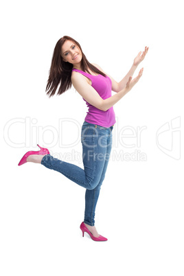 Cheerful stylish brunette wearing high shoes posing