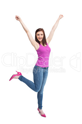 Happy stylish brunette wearing high shoes cheering up