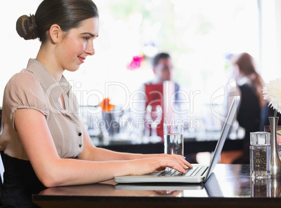 Smiling businesswoman looking at laptop screen