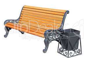 wooden bench with an urn isolated on white background