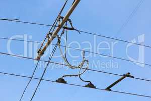 Railroad railway catenary lines against clear blue sky.