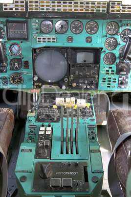 airplane cockpit thrust levers with hand on top for takeoff, tu-