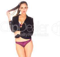 sexy woman in purple lingerie covering her body with black blazer