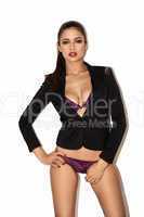 sexy woman in purple lingerie covering her body with black blazer
