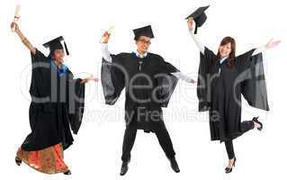 Multi races university student in graduation gown jumping