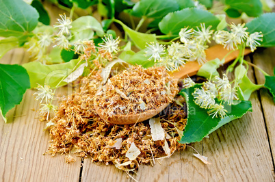 herbal tea from dry linden flowers on a spoon