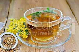 herbal tea from tutsan in strainer with cup