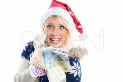 Weihnachtsfrau mit Euroscheinen