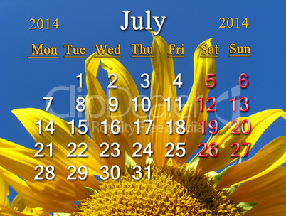 calendar for the july of 2014