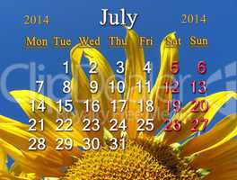 calendar for the july of 2014