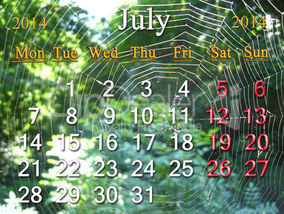 calendar for the july of 2014 on the background of spider's web