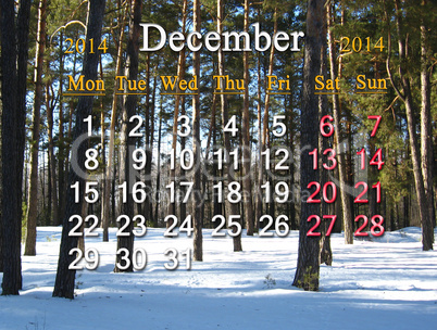 calendar for the december of 2014 with picture of winter forest