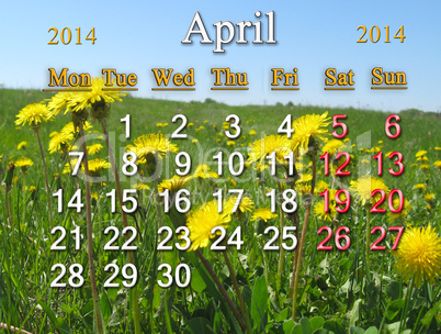 calendar for the april of 2014 year