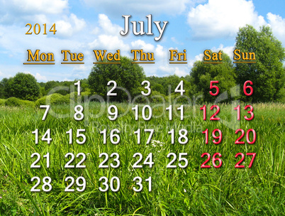 calendar for the july of 2014 on the background of summer