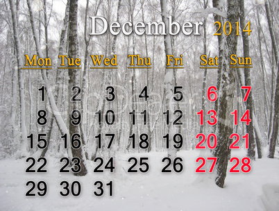 calendar for the december of 2014