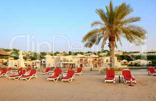 beach of the luxury hotel during sunset, ras al khaima, uae