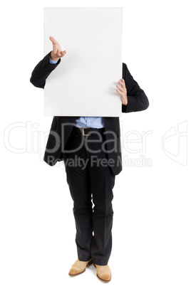 businessman with a blank sign in front of his face