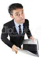 pugnacious businessman holding a laptop