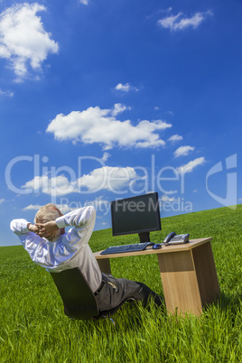 Business Man Businessman Working Desk Green Field