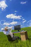 Business Man Businessman Working Desk Green Field