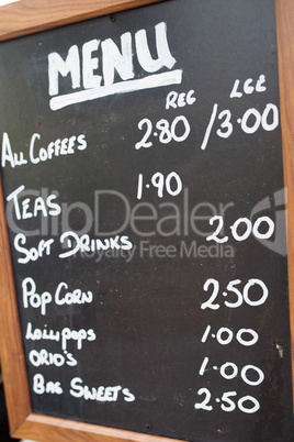 menu with beverages and snacks