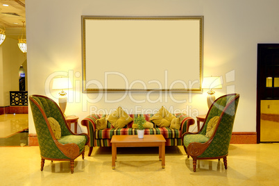 lobby interior of the luxury hotel in night illumination, ajman,