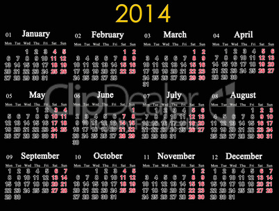 beautiful black calendar for 2014 year
