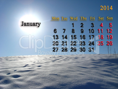 calendar for the january of 2014  with landscape
