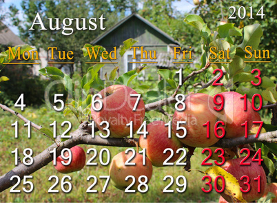 calendar for the august of 2014