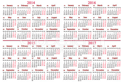 usual calendar for 2014 - 2017 years