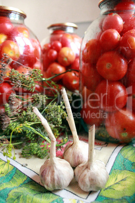 tomatos in jars and garlic prepared for preservation
