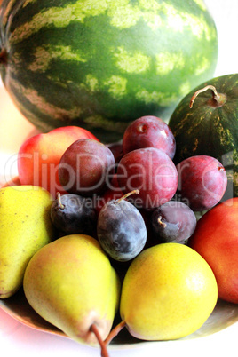 still life of watermelon, pears, pluma and nectarine