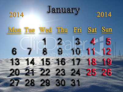 calendar for the january of 2014