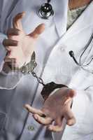 Doctor or Nurse In Handcuffs Wearing Lab Coat and Stethoscope