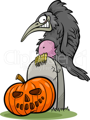 halloween pumpkin with crow cartoon