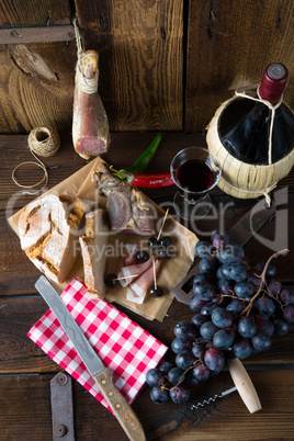 ham, wine and bread