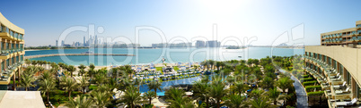 the panorama of beach at modern luxury hotel on palm jumeirah ma