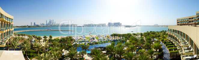 the panorama of beach at modern luxury hotel on palm jumeirah ma